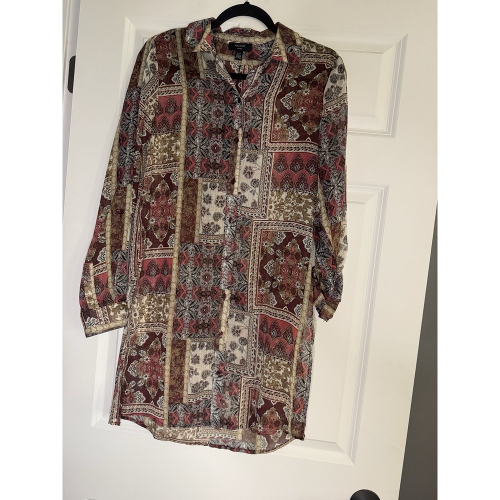 Haver London Xs Button Up Sheer Tunic Top Paisley Multi Print Nwt